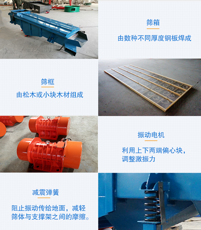 小型直線篩篩箱，篩框，振動電機(jī)，彈簧等部件圖片展示